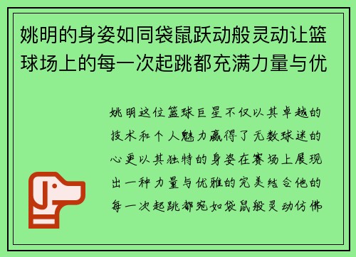 姚明的身姿如同袋鼠跃动般灵动让篮球场上的每一次起跳都充满力量与优雅